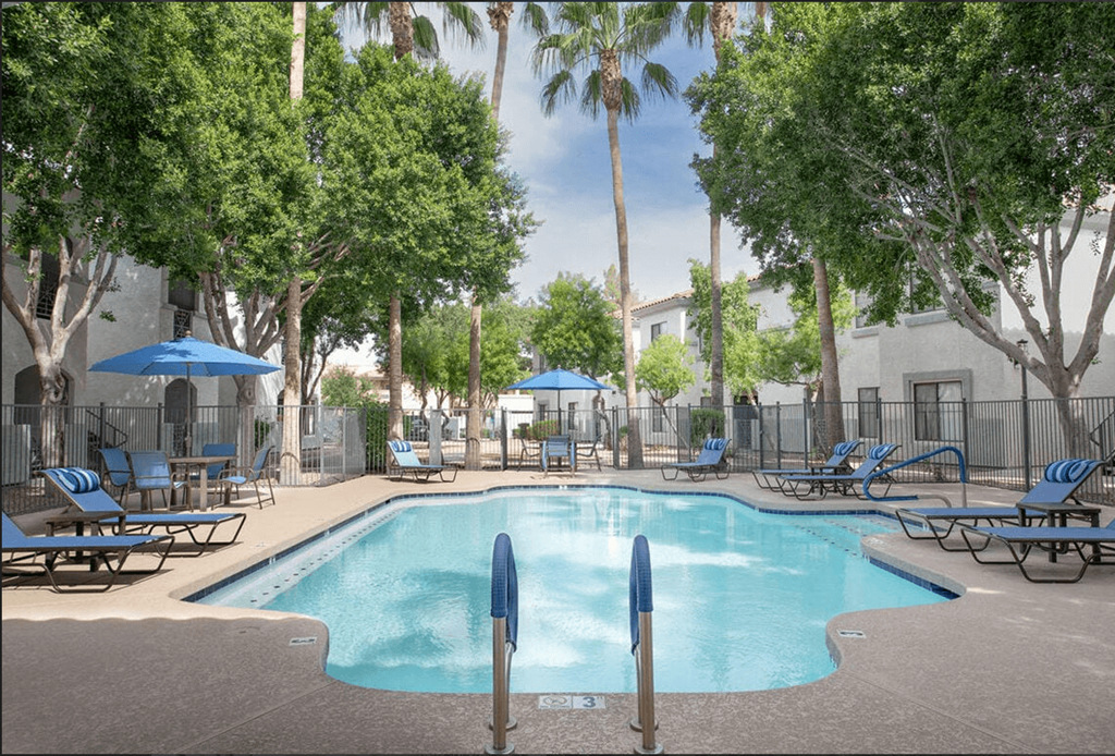 A pool surrounded by trees and chairs.