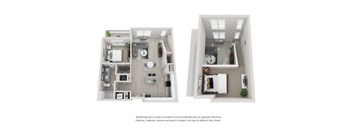 A floor plan of a two-bedroom apartment with a living room, kitchen, and bathroom.