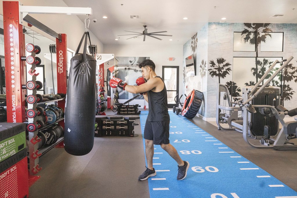 A man is boxing in a gym with a punching bag.
