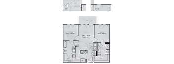 A floor plan of a house with two bedrooms, a living room, a dining room, a study, a laundry area, and an entry way.