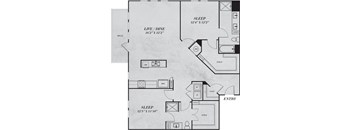 A black and white image of a floor plan for a home with a sleeping area, a living/dining area, and an entry area.