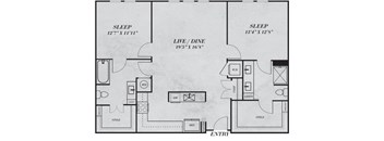 A floor plan of a house with two bedrooms, a living room, a dining room, a study, a laundry room, and an entry.
