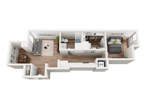 A floor plan of a house with a living room, kitchen, and two bedrooms.