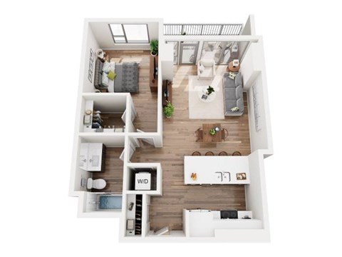A top down view of a small apartment with a living room, kitchen, and bathroom.