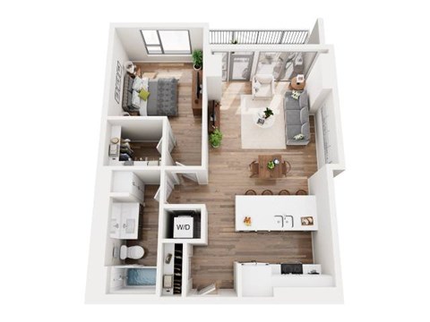 A top-down view of a small apartment with a living room, kitchen, and bedroom.