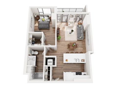 A top-down view of a small apartment layout with a kitchen, living room, and bedroom.
