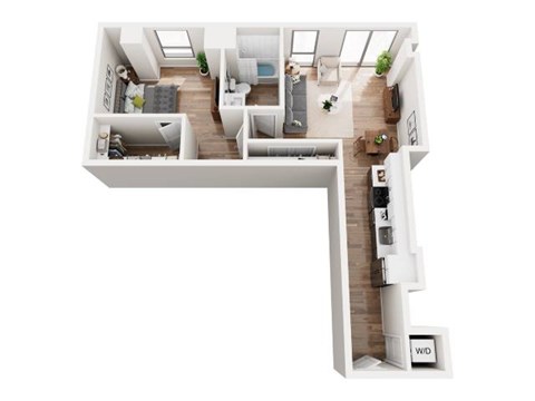 A top down view of a small apartment with a kitchen, living room, and bathroom.