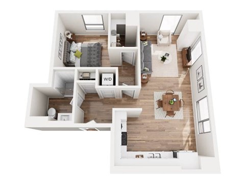 A top down view of a small apartment with a kitchen, living room, and bathroom.