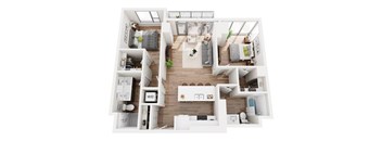 A top-down view of a small apartment with a kitchen, living room, and bedrooms.