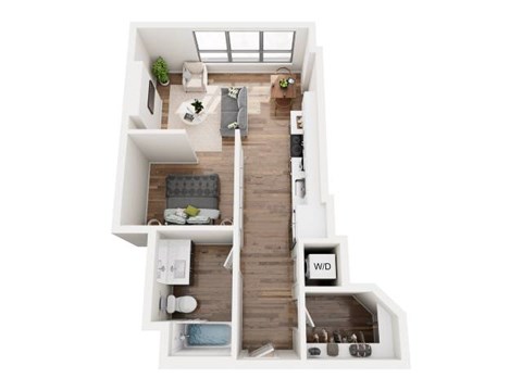 A top down view of a small apartment with a living room, dining room, kitchen, and a wood-paneled hallway.
