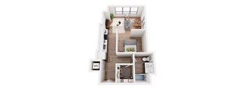 A top down view of a small apartment with a kitchen, living room, and bathroom.