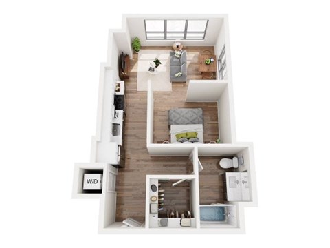 A top down view of a small apartment with a kitchen, living room, and bathroom.