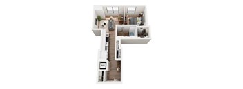 A top down view of a small apartment with a kitchen, living room, and bathroom.