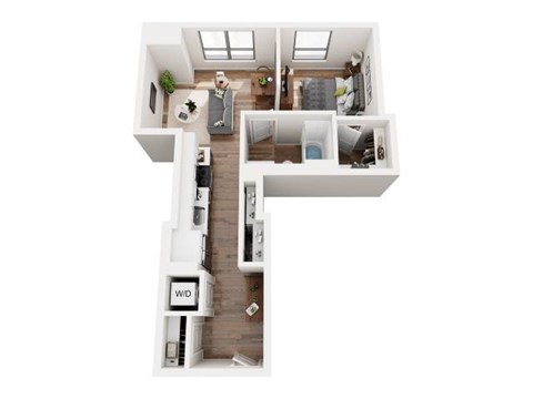 A top down view of a small apartment with a kitchen, living room, and bathroom.
