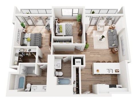 A top-down view of a well-organized apartment with a kitchen, living room, and bathroom.