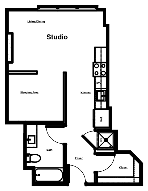 A floor plan of a studio apartment with a living/dining area, kitchen, sleeping area, bath, foyer, and closet.