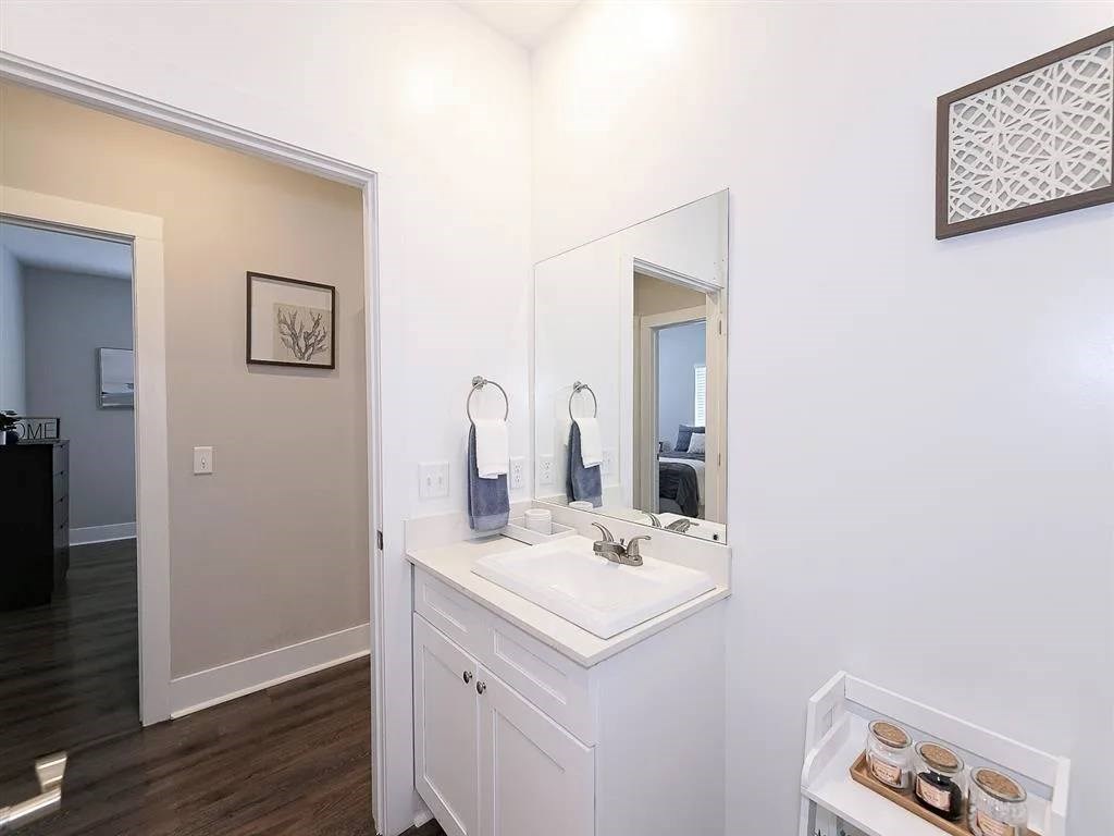 A bathroom with a white sink and a mirror above it.