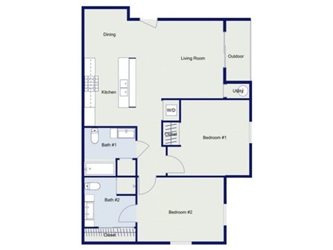 A floor plan of a house with two bedrooms, a living room, a kitchen, a dining area, a bathroom, and an outdoor space.