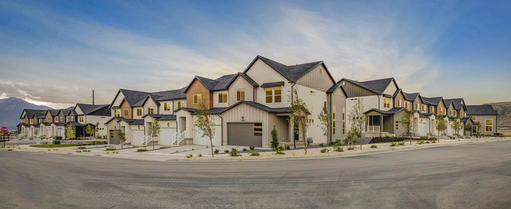 A row of houses with a mountain in the background.