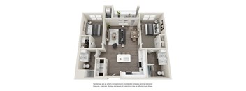 A floor plan of a two-bedroom apartment with a living room, kitchen, and bathroom.