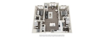 A floor plan of a two-bedroom apartment with a living room, kitchen, and bathroom.