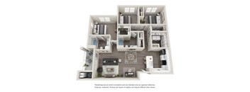 A 3D floor plan of a house with a kitchen, living room, and bedrooms.