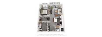 A 3D floor plan of a small apartment with a kitchen, living room, and bathroom.