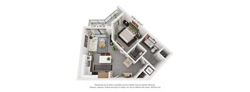 A 3D floor plan of a house with a kitchen, living room, and bathroom.