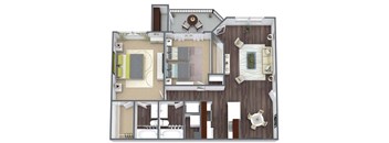 A floor plan of a house with a living room, kitchen, and bathrooms.