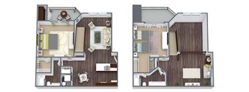Two images of a house layout with a kitchen, living room, and bedrooms.