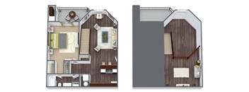 A floor plan of a house with two rooms and a kitchen.