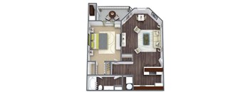 A detailed 3D floor plan of a house layout.