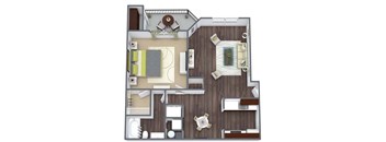 A top-down view of a house layout with a living room, kitchen, and bedrooms.
