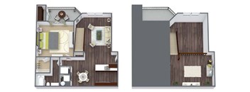 A floor plan of a two-bedroom apartment with a living room, kitchen, and bathroom.