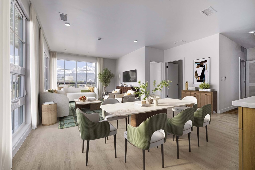 A modern dining room with a table set for six.
