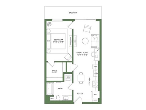 A floor plan of a balcony with a bedroom, great room, bath, and foyer.