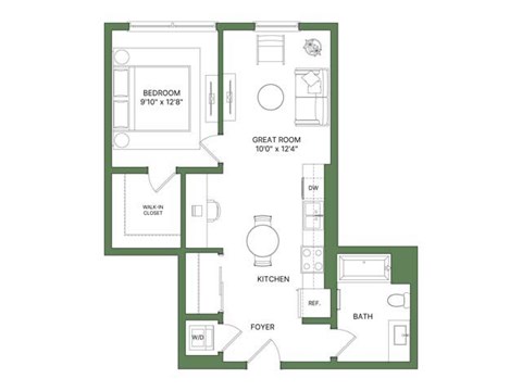 A floor plan of a small apartment with a bedroom, kitchen, and bathroom.