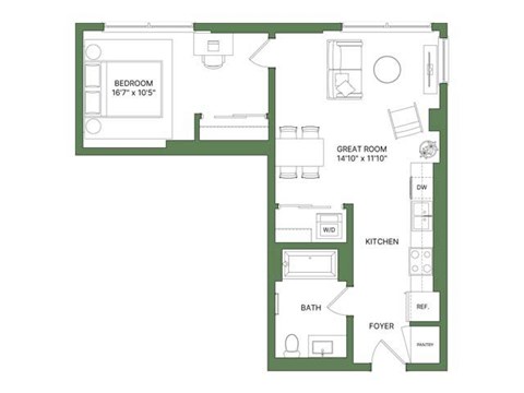A floor plan of a house with a bedroom, great room, kitchen, bath, foyer, and hallway.