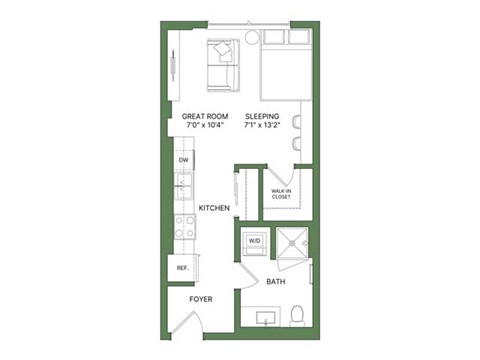 A floor plan of a small apartment with a great room, kitchen, bath, and foyer.