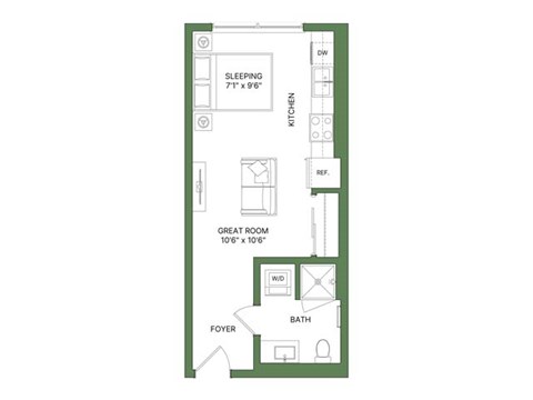A floor plan of a small apartment with a sleeping area, kitchen, bathroom, and great room.
