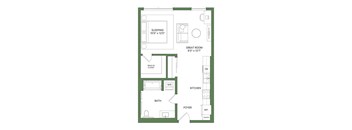 A floor plan of a small apartment with a sleeping area, bathroom, kitchen, and foyer.