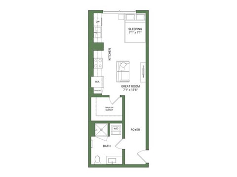 A floor plan of a small apartment with a sleeping area, kitchen, great room, bathroom, and foyer.