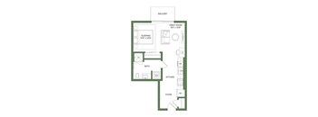 A floor plan of a balcony apartment with a sleeping area, bathroom, kitchen, and foyer.