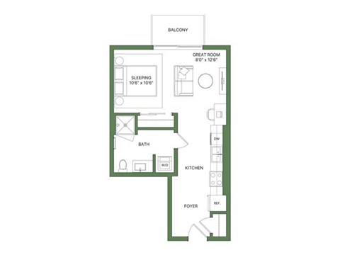 A floor plan of a balcony apartment with a sleeping area, bathroom, kitchen, and foyer.