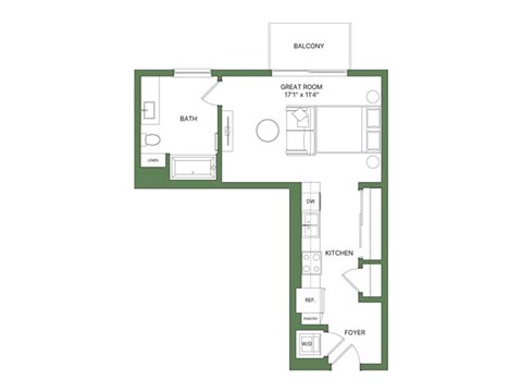 A floor plan of a house with a balcony, great room, and kitchen.