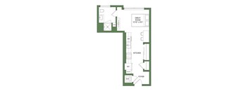 A floor plan of a house with a great room, kitchen, and foyer.