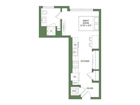 A floor plan of a house with a great room, kitchen, and foyer.