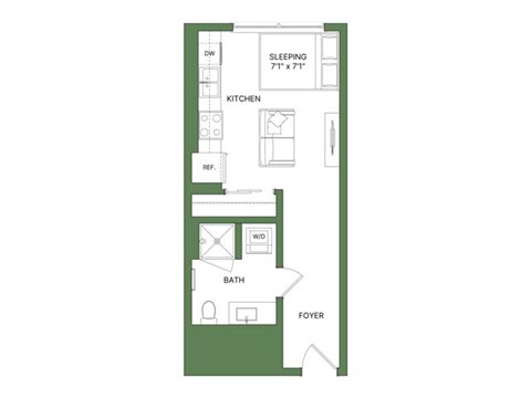 A floor plan of a small apartment with a sleeping area, kitchen, bathroom, and foyer.
