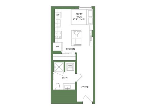 A floor plan of a small apartment with a kitchen, bathroom, and foyer.