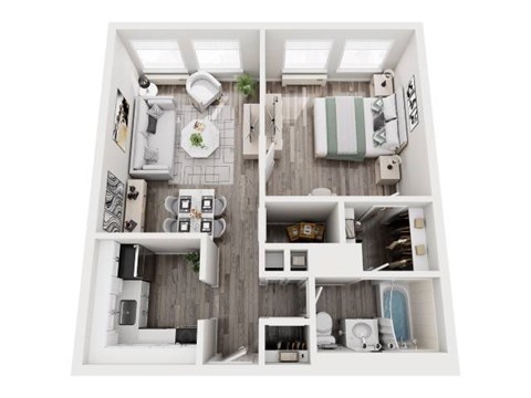 A top-down view of a small apartment with a kitchen, living room, and bathroom.
